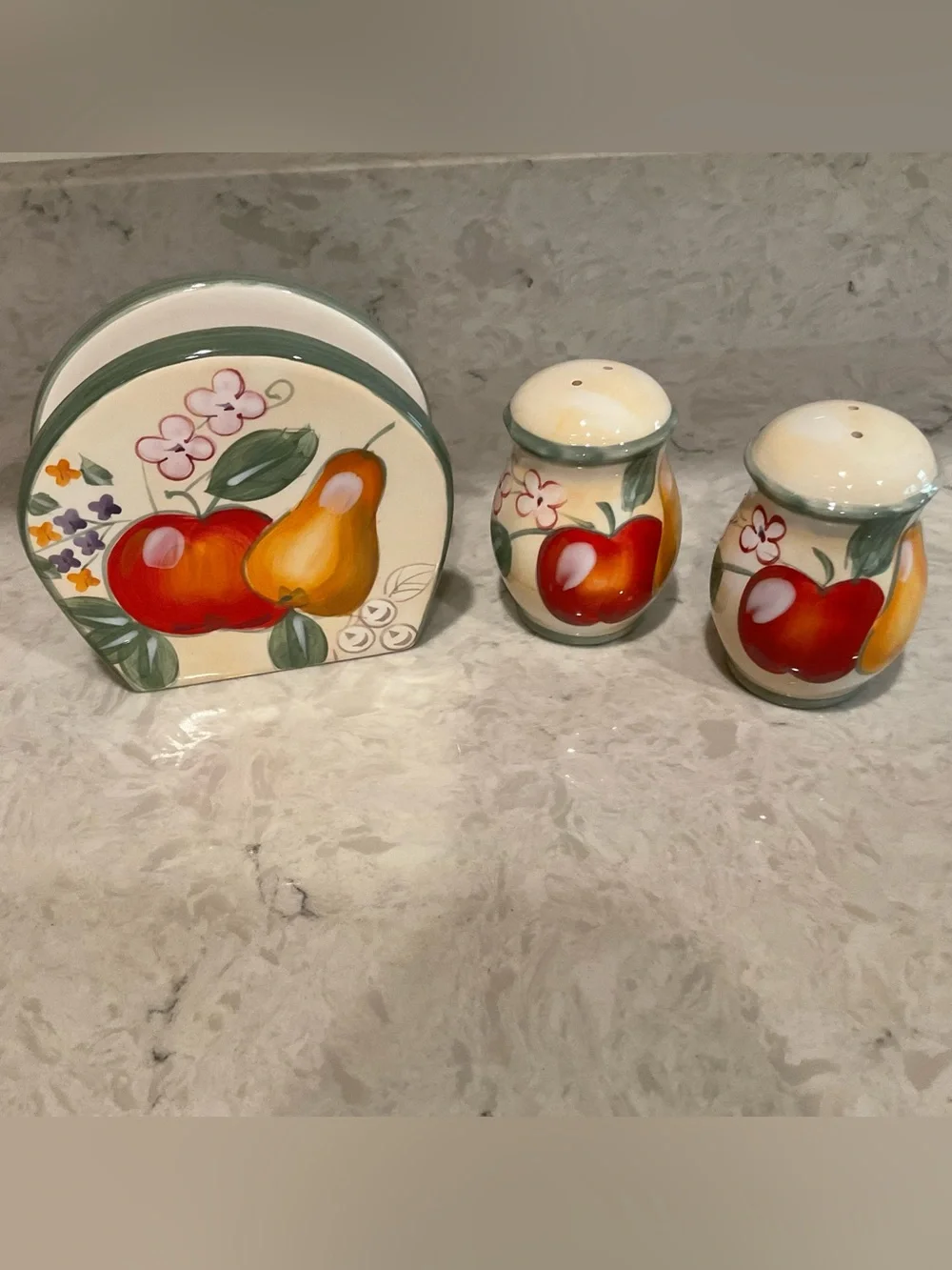 Home Ceramic Fruit & Flowers Hand Painted Salt & Pepper Set and Napkin Holder